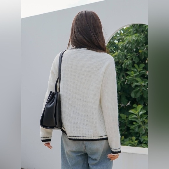 Preppy Classic White Black Varsity Open Cardigan Sweater sz Small - Picture 9 of 11